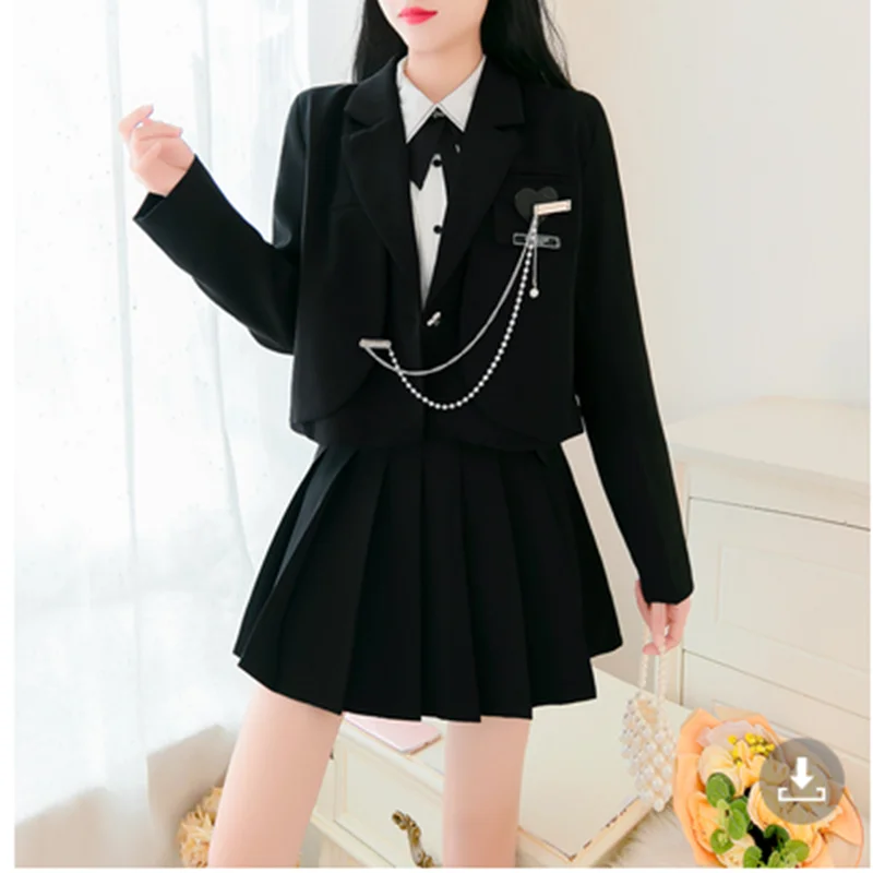 

BULOCHOVA Fall College Style Students Skirt Suits Women Notched Long Sleeve Short Coat Tops + Pleated Mini Skirt 2 Piece Sets