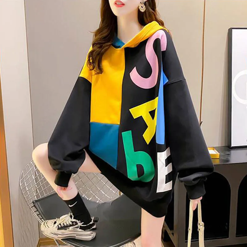 

Black Blue Spliced Color Long Hoodies Women Harajuku Loose Sweatshirt Tops Streetwear Letters Printed Hooded Pullovers Autumn