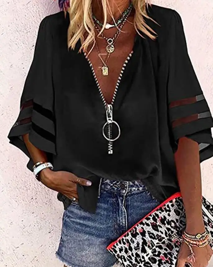 

Women Mesh Bell Sleeve Blouse Fashion Zip Chiffon Top Sexy V-Neck Long Sleeve Shirt Female Casual All-Match Streetwear