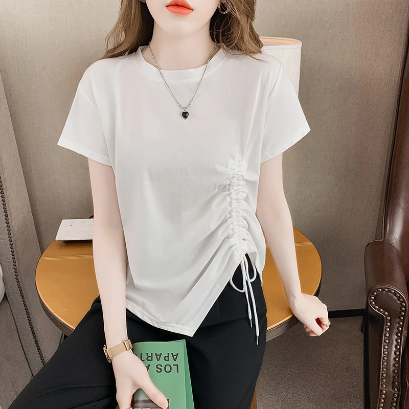 

Cotton Women's T-shirt Summer Skinny Tops Split High Street Short Sleeve O-Neck Tees Fashion Sexy New 2022 Female Clothes