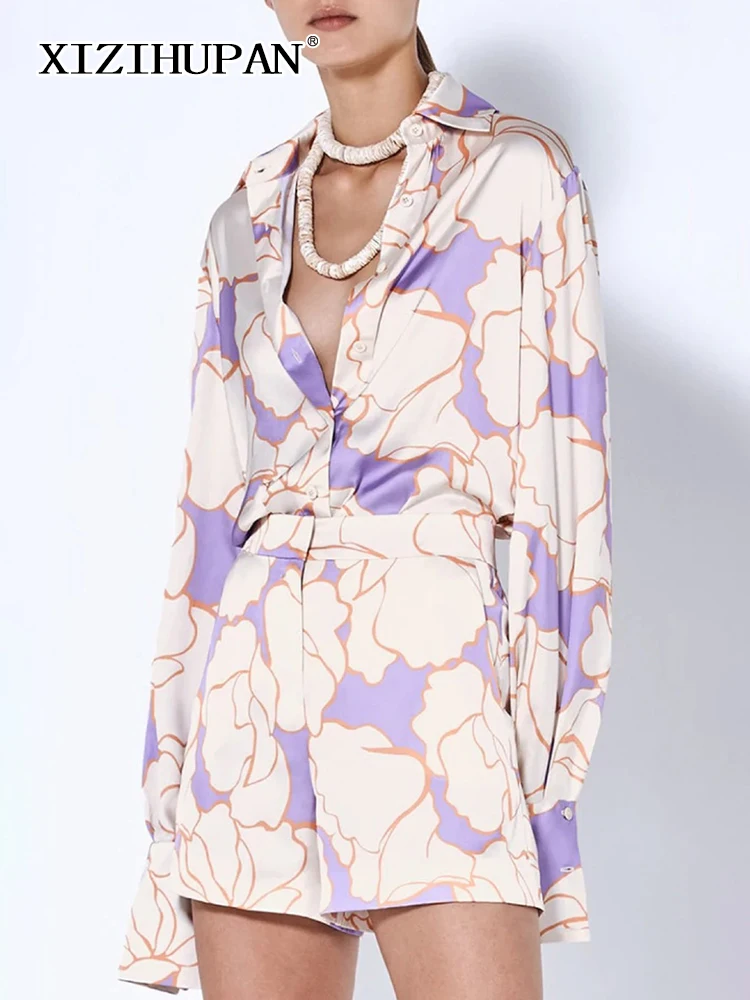 

XIZIHUPAN Print Two Piece Sets For Women Lapel Long Sleeve Tops High Waist Patchwork Button Short Loose Set Female Autumn 2022
