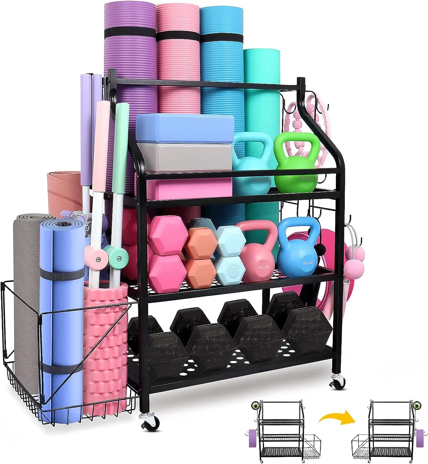 

Gym Storage - Heavy Duty Yoga Mat Storage , Weight Stand for Dumbbells On Wheels with Extra Side Storage Space & Hooks,Util