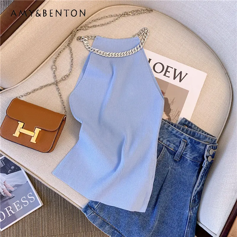 

Summer 2023 New Design Sense Stitching Chain Knitted Vest Short Sling Sleeveless Outer Wear Waistcoat Slimming Tank Top