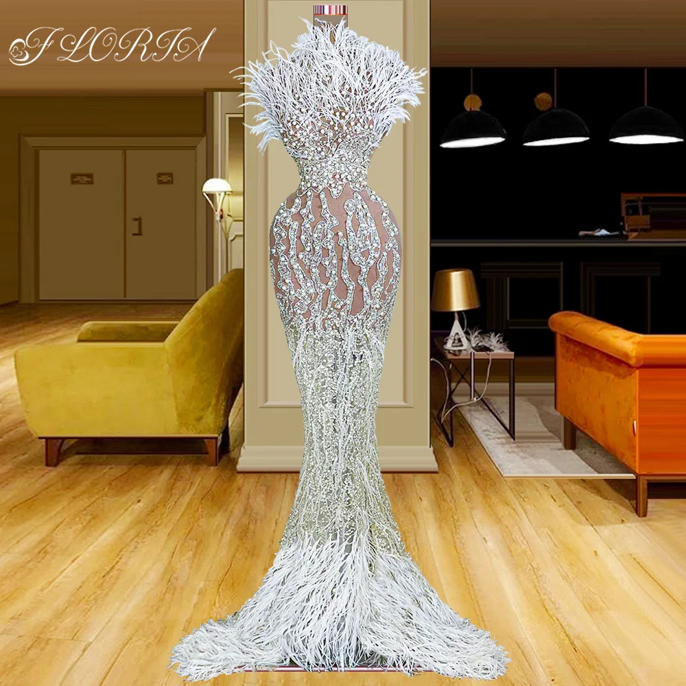 

Gorgeous Luxo Pearls Feather Mermaid Evening Dresses Dubai Arabia Beaded High Neck Formal Party Dress Robe De Soiree Custom Made