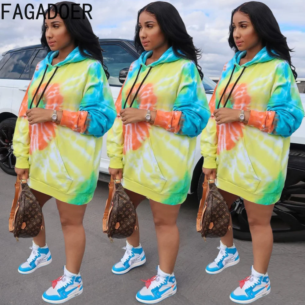

FAGADOER Fashion Streetwear Sweatshirt Dresses Women Hooded Long Sleeve Pattern Print Mini Dress Fall Casual Female Clothing XL