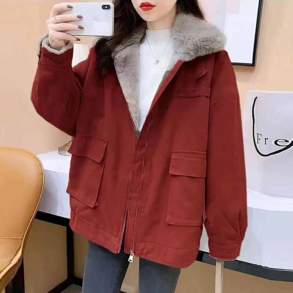 2023 New Winter Long Sleeve Jacket Parka Fleece Lined Warm Thicker Plus Size Korean Fashion Loose Zipper Snowsuit Coat