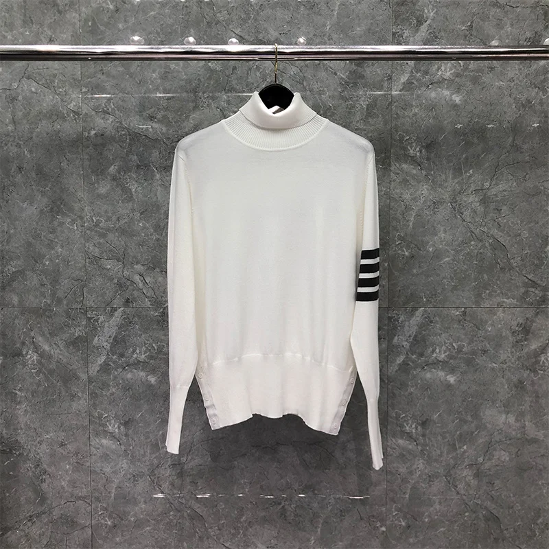 

Sweater Men TB THOM Casual Turtleneck Knitted Long Sleeve Pullover Classic 4-Bar Striped Korean Cardigan Coats High Quality