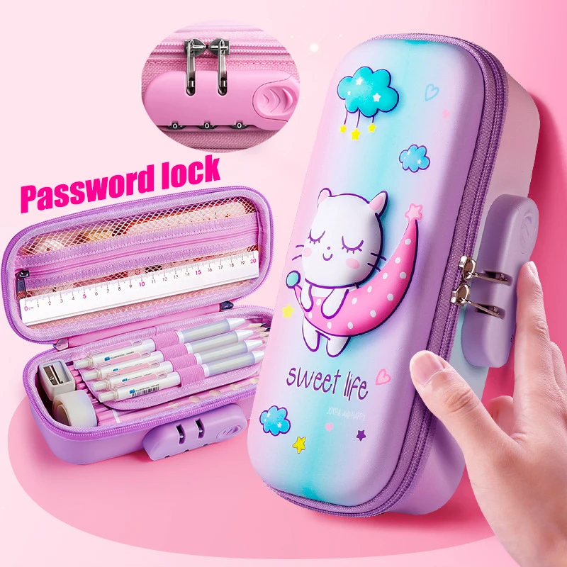 Case With Lock Unicorn Organizer Cute Pencil Box Pouch School Bag For Girl Boy Supplies Students Stationery