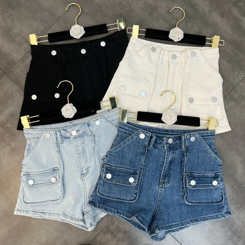 

PREPOMP 2022 Spring New Arrival High Waist Multi Pockets Slim Wide Leg Short Jeans Women Denim Shorts Streetwear GE158