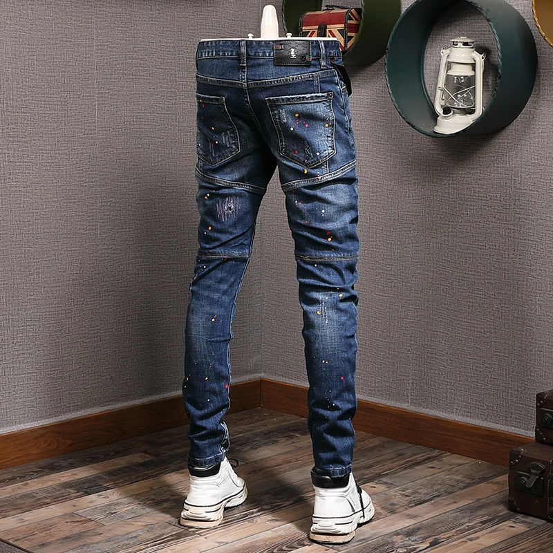 Streetwear Fashion Men Jeans Retro Blue Stretch Slim Fit Spliced Ripped Biker Jeans Homme Painted Designer Hip Hop Pants Men