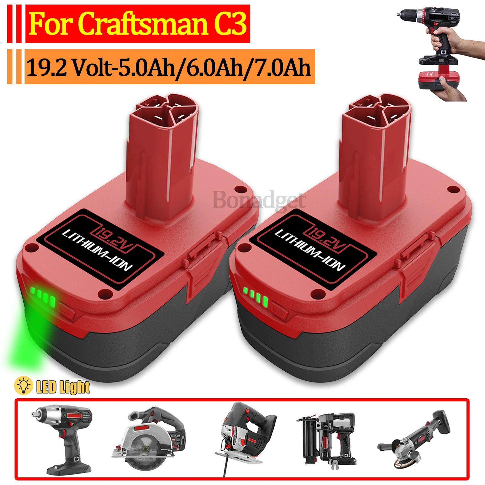 

Bonadget 19.2Volt For CRAFTSMAN C3 Battery 5.0Ah/6.0Ah/7.0Ah Li-Ion Power Tool Battery 11374 11375 130285003 CRS1000 10126 L30