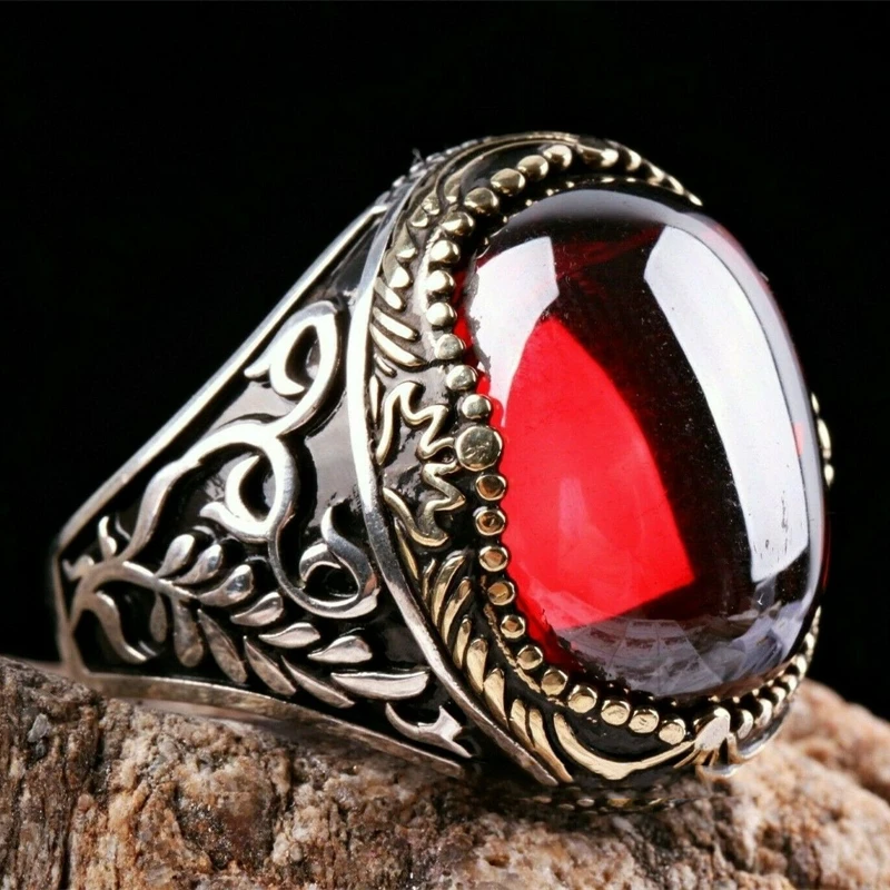 

New Inlaid Crystal Men's Luxury Ring Personality Retro Personality Red Big Gemstone Ring To Attend The Banquet Party Jewelry