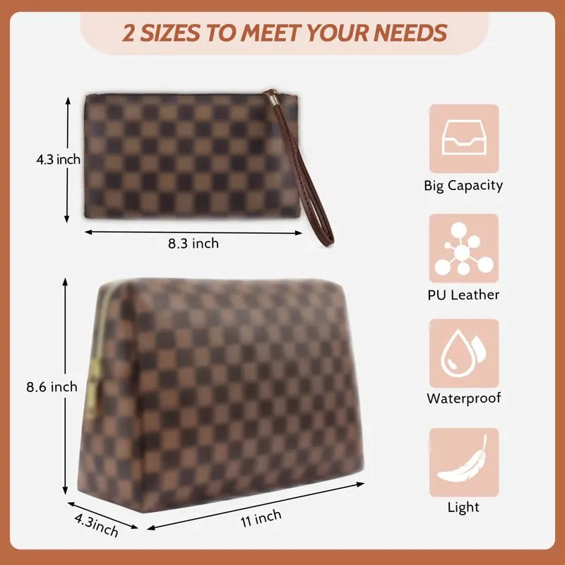Checkered Makeup Bag,  2Pcs Travel Cosmetic Bags, Portable Toiletry Organizer for Women, Lightweight and Waterproof  Toiletries