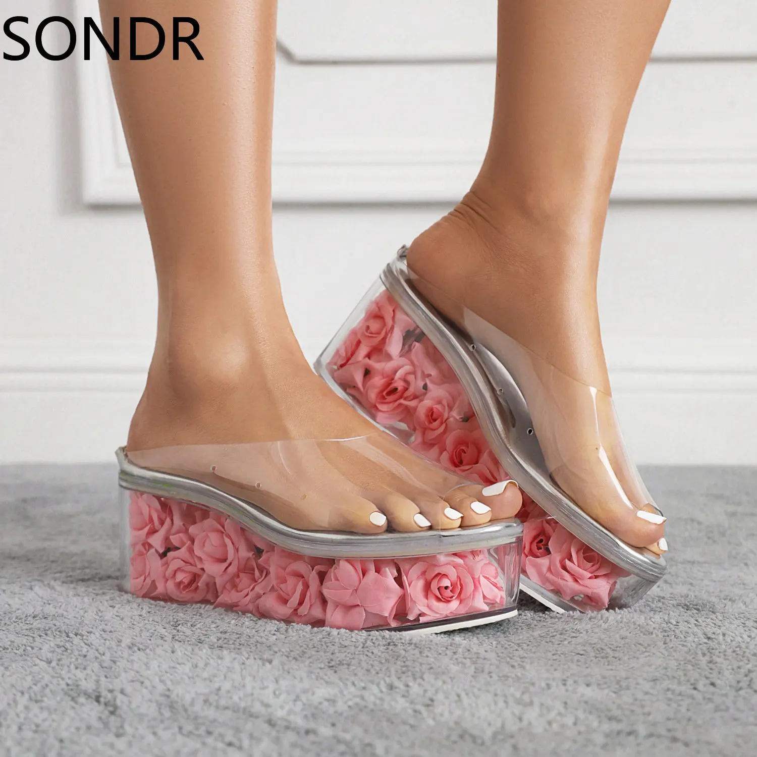 

Womens Clear Transparent Flowers Platform Crystal Heel Sandals Mules Slides Slippers Shoes Summer Peep Toe 2023