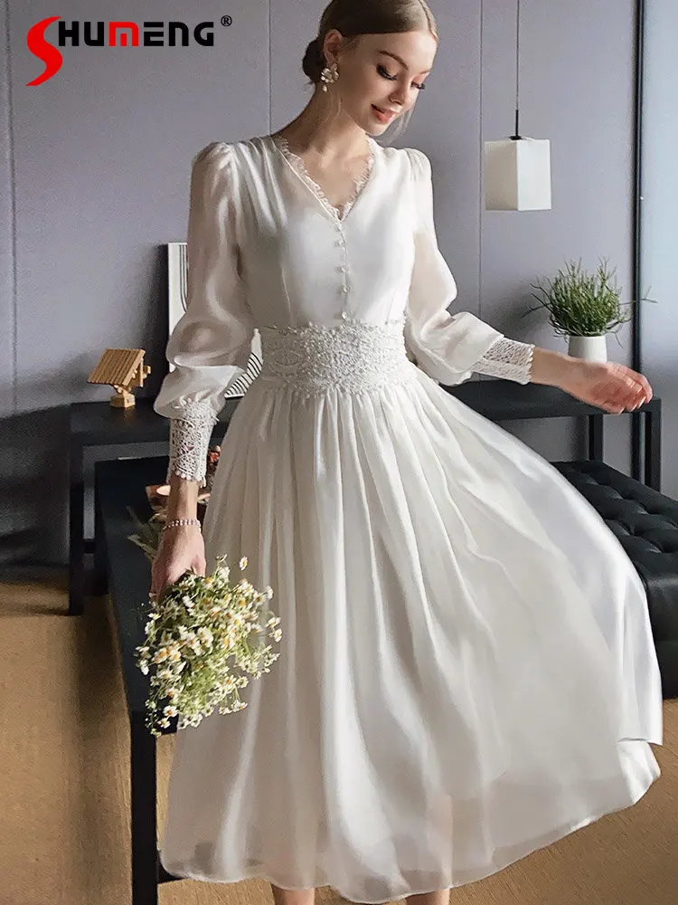 French Style V-neck Waist Bead Long Sleeve Dress Women's Spring and Autumn Temperament High Waist White Mid-length Dress