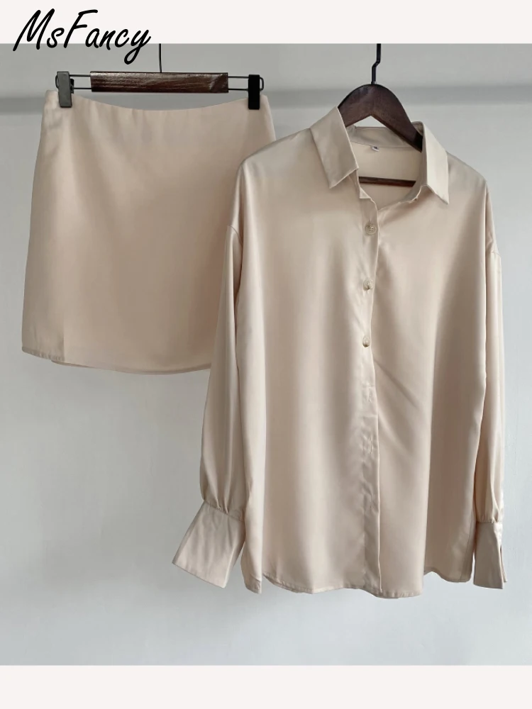 Комплект из рубашки и юбки Msfancy Женский атласный комплект 2 предметов рубашка с