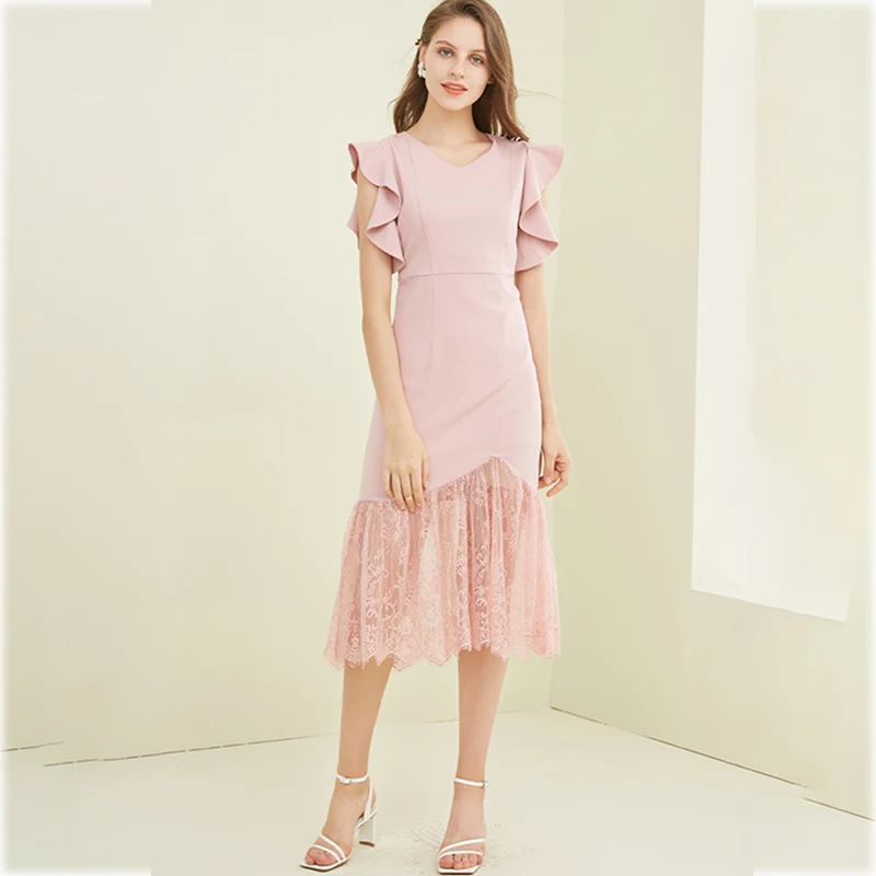 

Женское платье для офиса, летнее женское винтажное Элегантное повседневное розовое кружеввечерние праздничное приталенное платье миди с к...