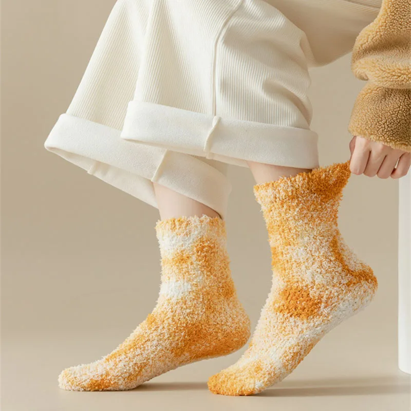 New tie-dye coral fleece socks thickened home sleeping socks two bars long calf winter warm floor socks
