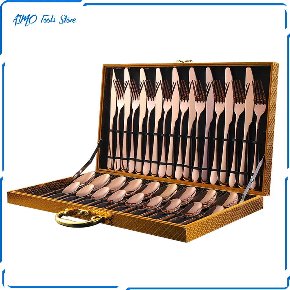 

[top]36pcs/set Gold Cutlery Western Knife Fork Spoon 4 in 1 Cutlery Gift Box Bright Surface Cutlery Suitable for 9 People