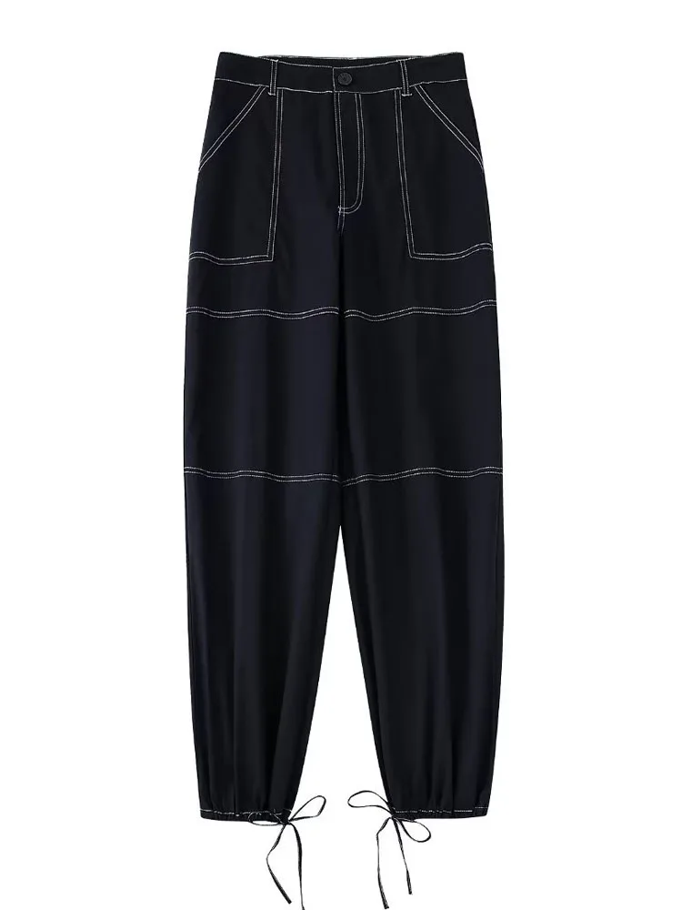 

Women 2022 Autumn New Fashion Contrast Thread Cargo Pants Vintage High Waist Zipper Female Trousers Mujer