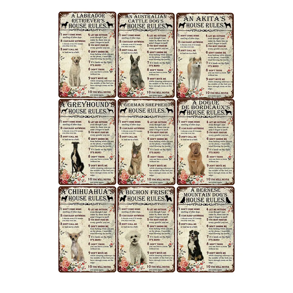 

A Chihuahua's House Rules Flower Vintage Tin Signs Pets Plate Wall Art Dog Poster Home Bar Pub Room Wall Signs