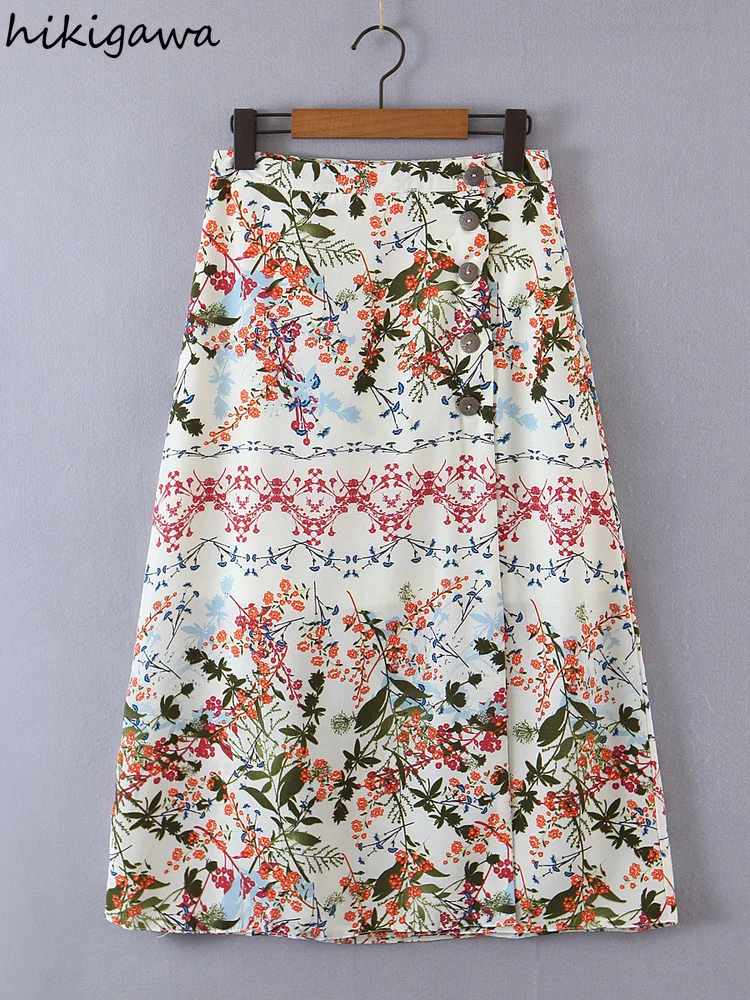 

Hikigawa Chic Fashion Woman Clothing New Style Summer Lined Wrap Skirts Womens Vintage Printed High Waist Button Up Skirt Mujer
