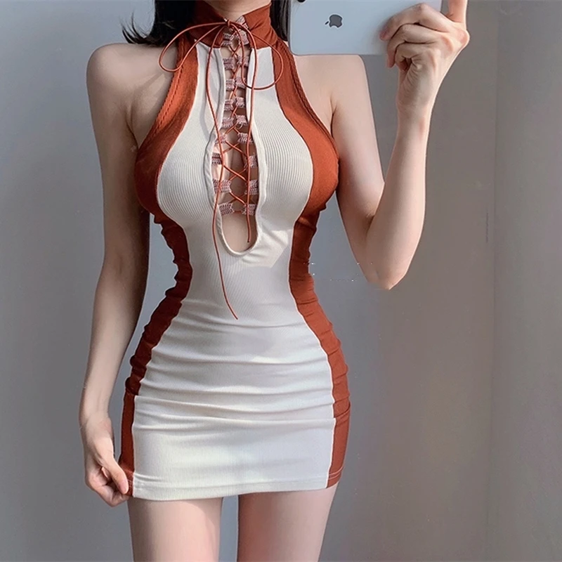 

Sexy Aesthetic Chest Hollow Strap Dresses Woman Summer 2021 Fashion Contrast Patchwork Dress Short Virtual Party Mini Bodycon