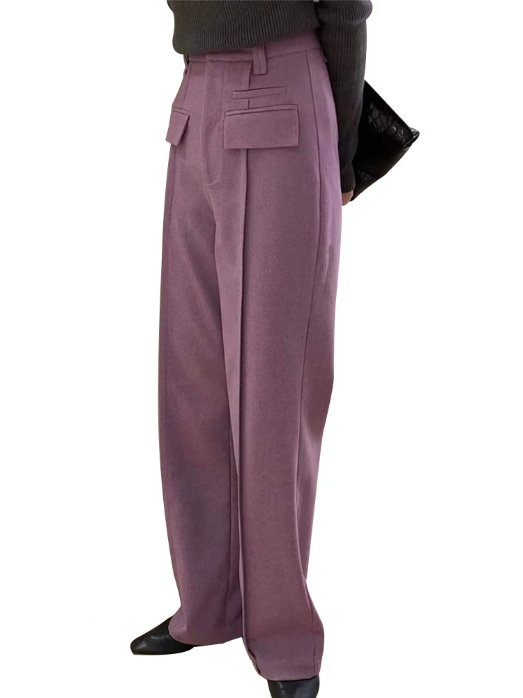 QOERLIN Stylish High Waist Woolen Suit Pants Wide Leg Elegant Office Lady Korean Fashion Purple Grey Trousers Female Fall Winter