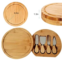 bamboo cheese board set with round wooden board with 4 stainless steel knives and fork suitable use for picnics and parties