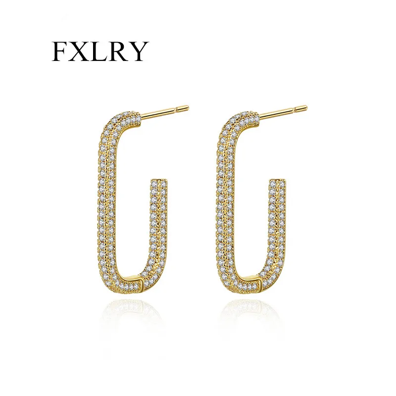 

FXLRY простые блестящие большие золотые кубические циркониевые U-образные серьги-кольца для женщин и девушек модные аксессуары для вечерние