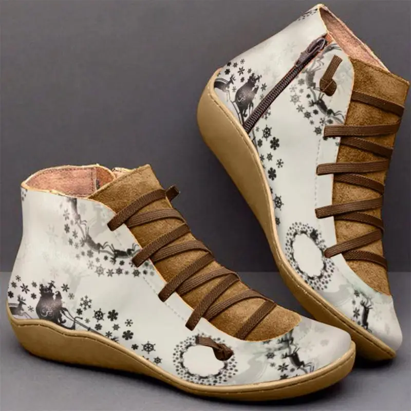 2022 Winter Boots Thick-soled Women's Shoes European-style Women's Martin Boots New Fashion Christmas Print Side Zipper Lace-up