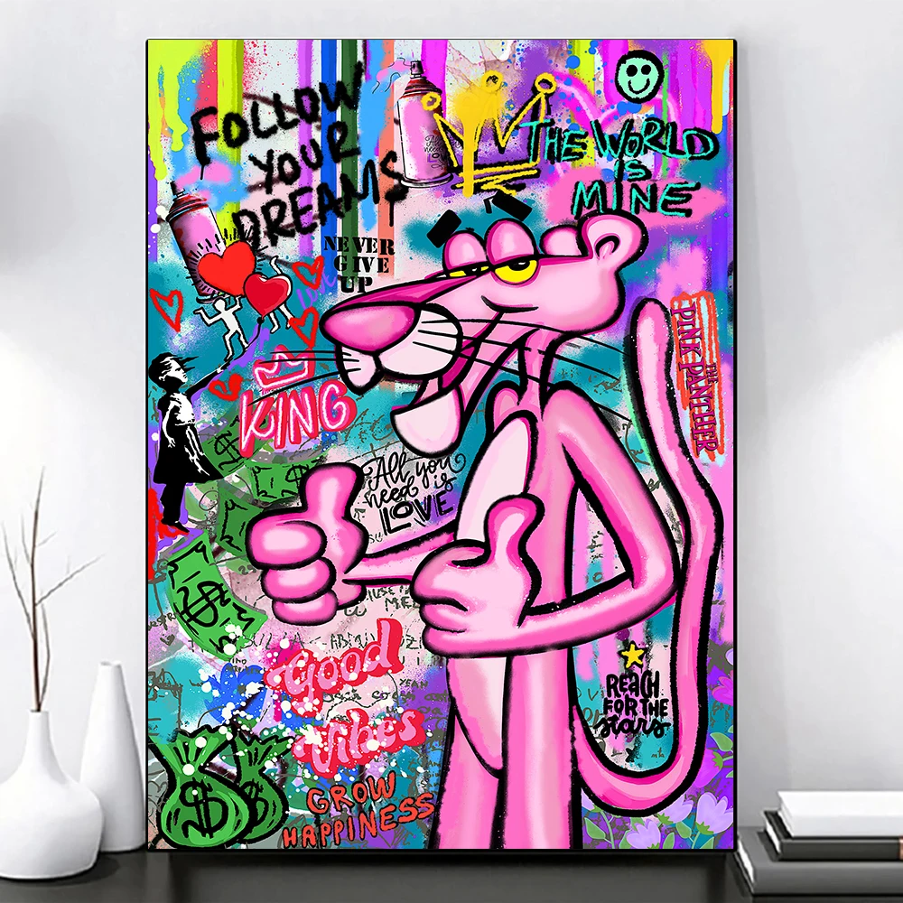 

Graffitti Luxury Pink Panther Canvas Poster and Prints Money Art Leopard Animal Pop Cartoon Painting Wall Picture Home Decor