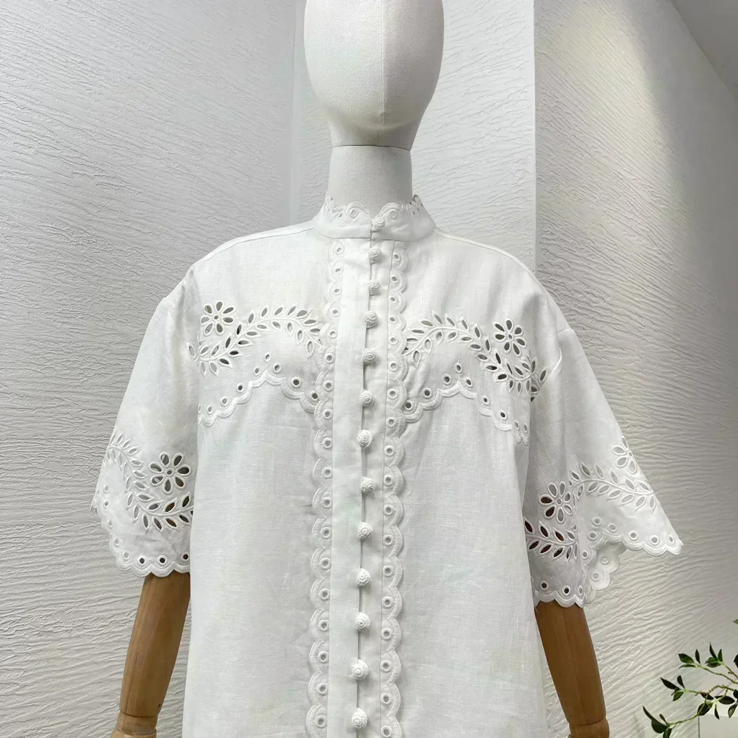 2024 новая высококачественная однотонная белая блузка с короткими рукавами и