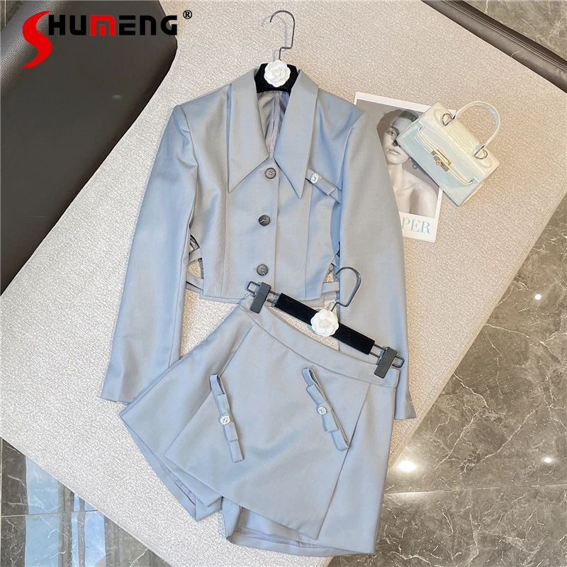 

2021 Winter New Elegant Socialite Goddess Two Piece Suit Midriff Outfit Jacket Long Sleeve Coat Short A- Line Suit Hot Pants