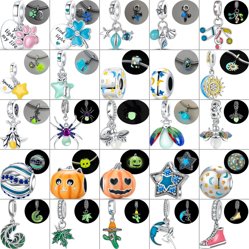 Серебро 925 светящиеся в темноте жуткие тыквы светлячки листья звезда луна эмита