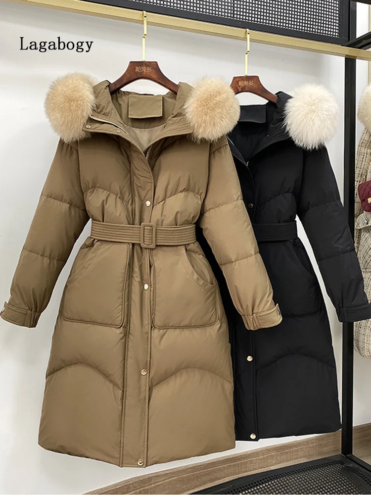 

Женская длинная куртка на 2023 белом утином пуху с капюшоном и мехом лисы, плотные теплые парки, Женские ветрозащитные пальто с поясом для зимы, 90%