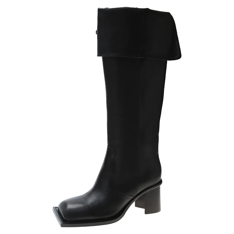 

Женские высокие сапоги до колена, черные сапоги из искусственной кожи с широким квадратным носком, на каблуке, зимняя женская обувь