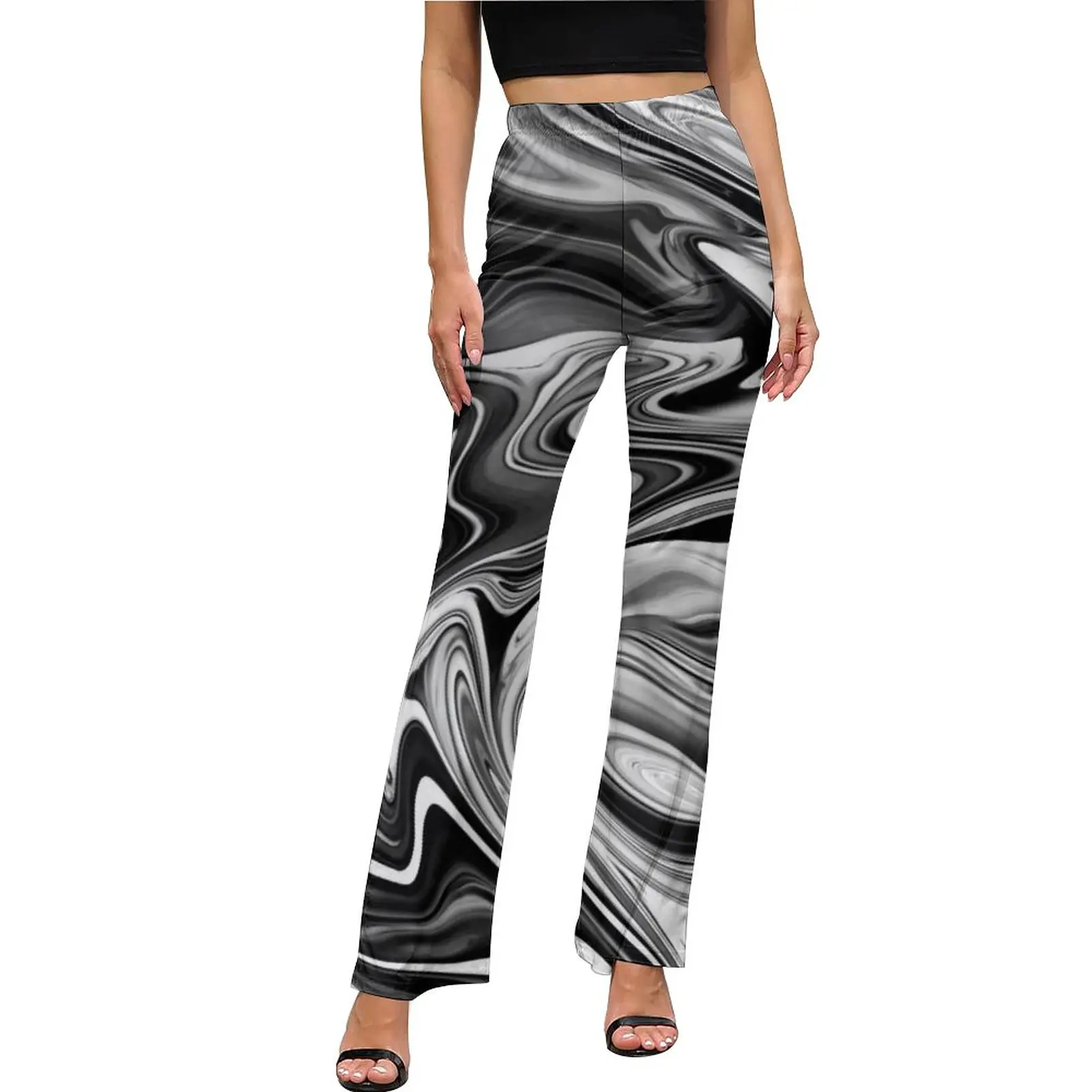 

Элегантные мраморные брюки в полоску, черно-белые повседневные расклешенные брюки с высокой талией, летние брюки с рисунком, детский подаро...