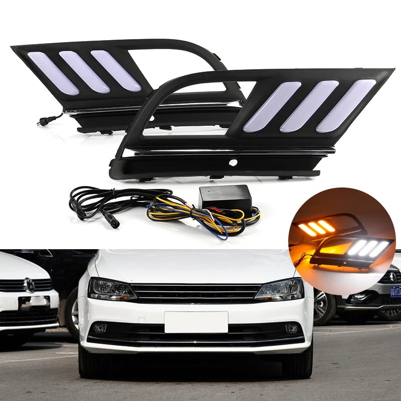 

OKEEN 2PCS Car LED Daytime Running Lights For VW Volkswagen Sagitar 2016 2017 2018 DRL Turn Signal Fog lamp White Yellow