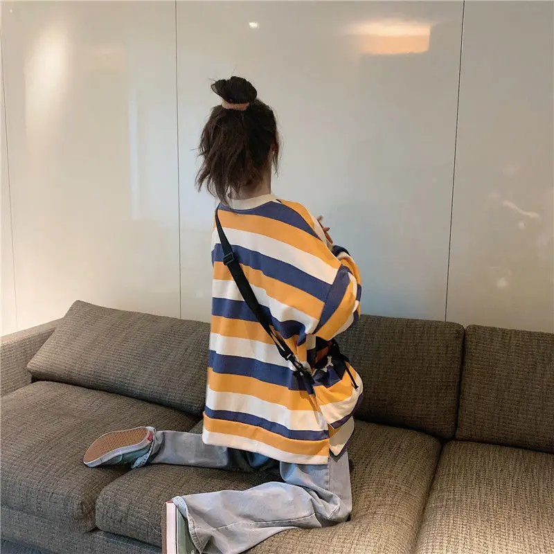 Свитшот женский в полоску модный универсальный Свободный Повседневный