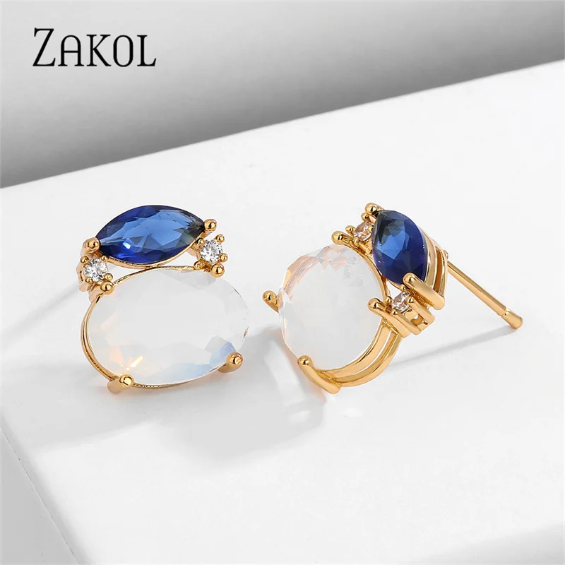 

ZAKOL модные овальные серьги-гвоздики с белым опалом для женщин и девочек, синие серьги с кубическим цирконием, милые ювелирные изделия для св...