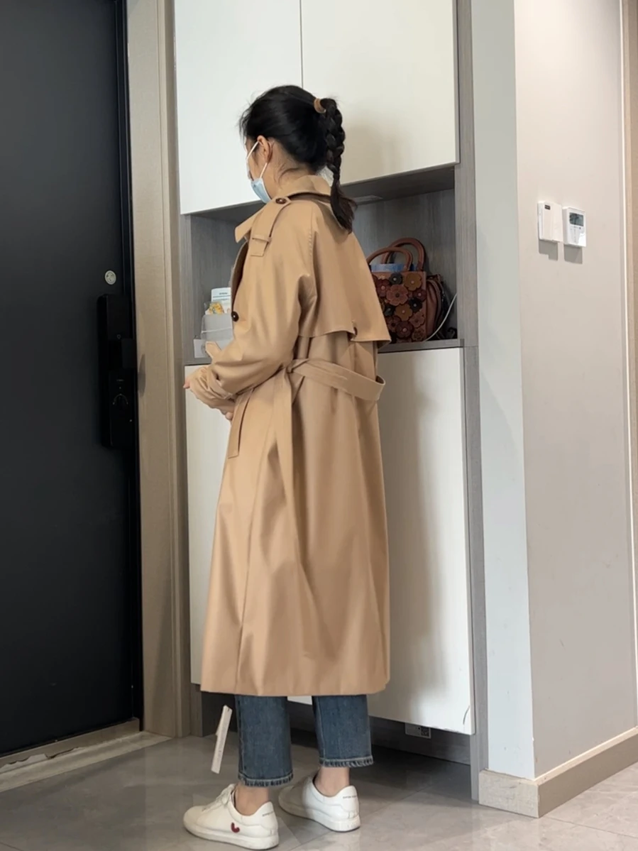 Весна и осень 2024 классический Тренч средней длины в стиле ретро темный хаки