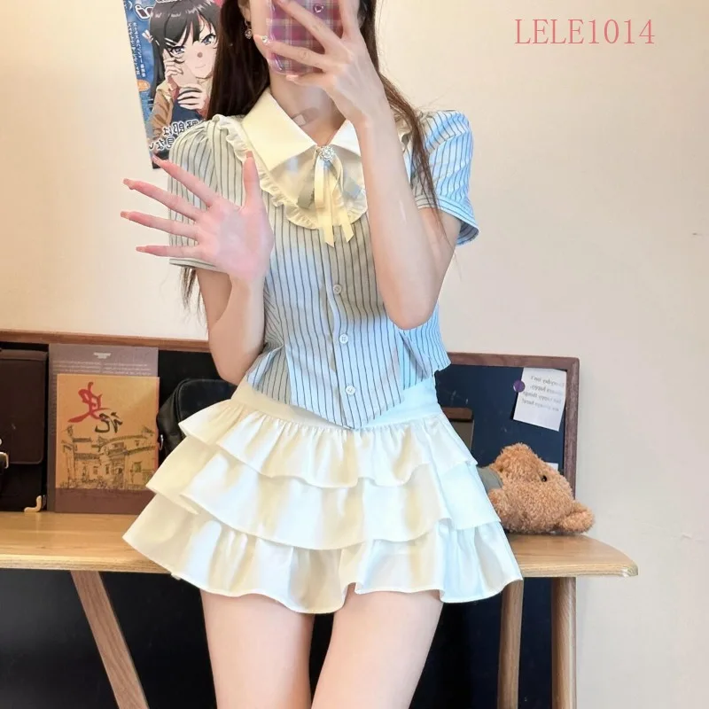 

New Summer Womens Sweet Spicy Suit Skirt Spice Girl Pure Desire College Style Jk Uniform Striped Shirt+short Skirt Two-piece Set