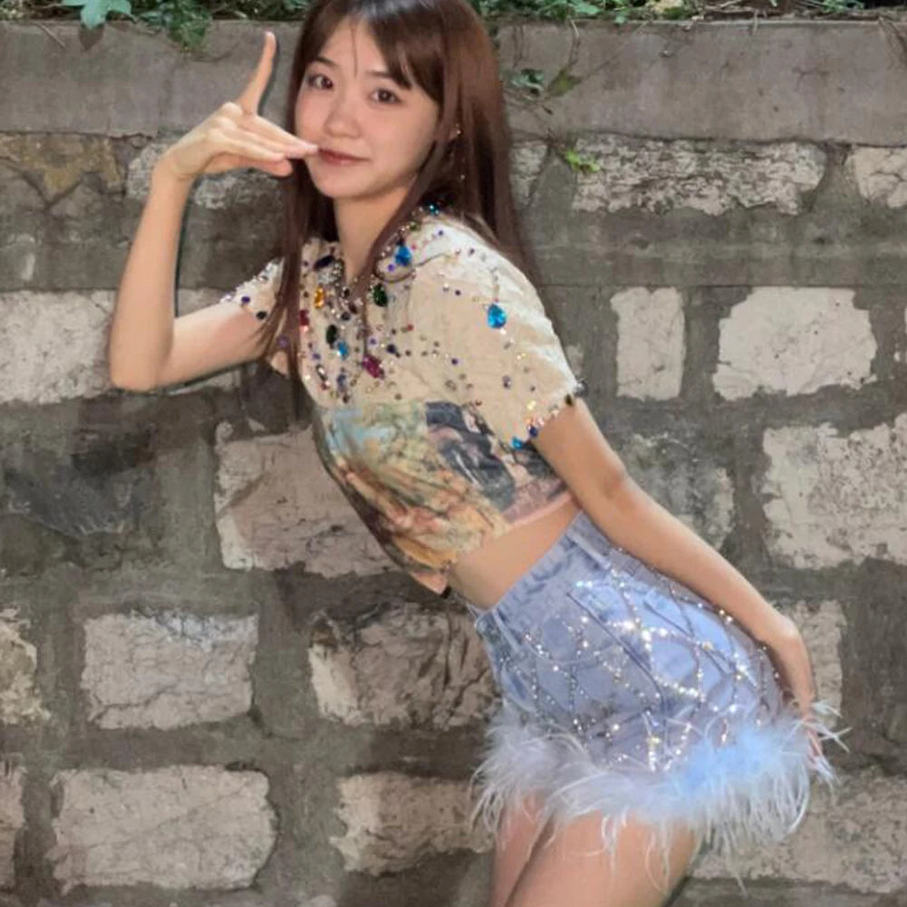 Women Denim Shorts with Feather Trim Diamonds Patchwork Solid Sexy Party Runway Fashion Blue Short Jeans Female Streetwear