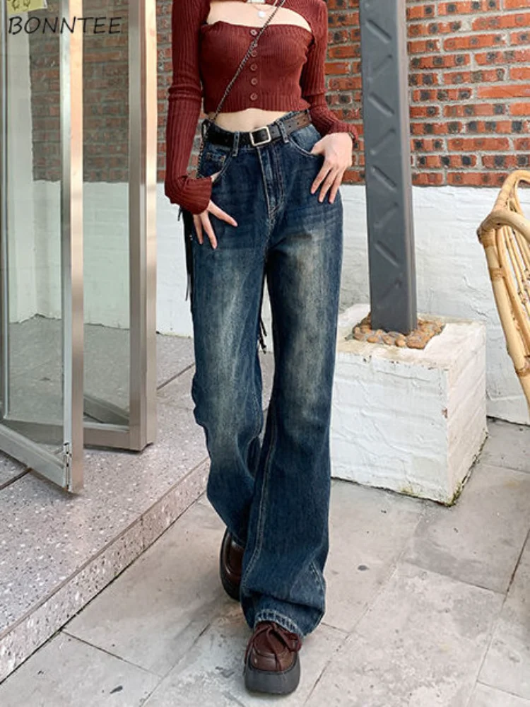 

Jeans Women Harajuku Street Style Hipster Vintage Feminine Loose Student Denim Retro Pockets Design Flare Trouser All-match Chic