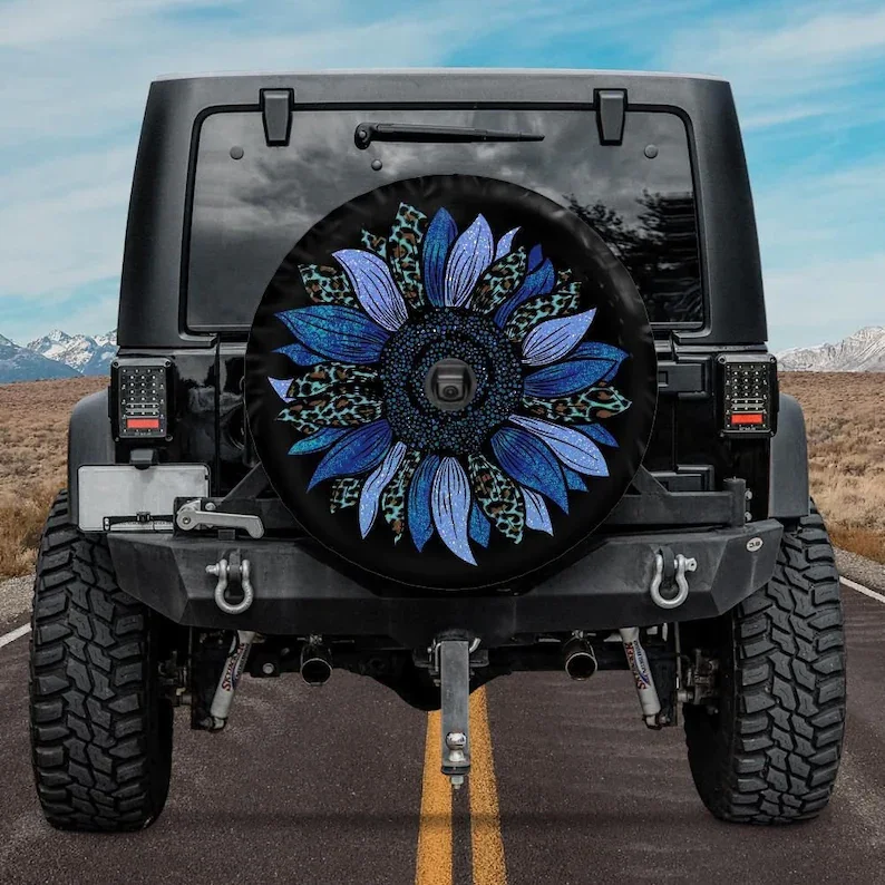 

Spare Tire Cover with Blue and Cheetah Sunflower design, Blue Sunflower Wheel Cover, Sunflower Jeep Tire Cover, Jeep girl, Blue