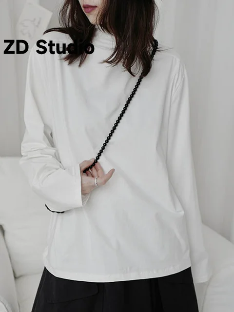 

[ZD Studio] Women White Vintage Size Casual T-shirt New Turtleneck Loose Fit Long Sleeve Tide Spring Autumn 2023