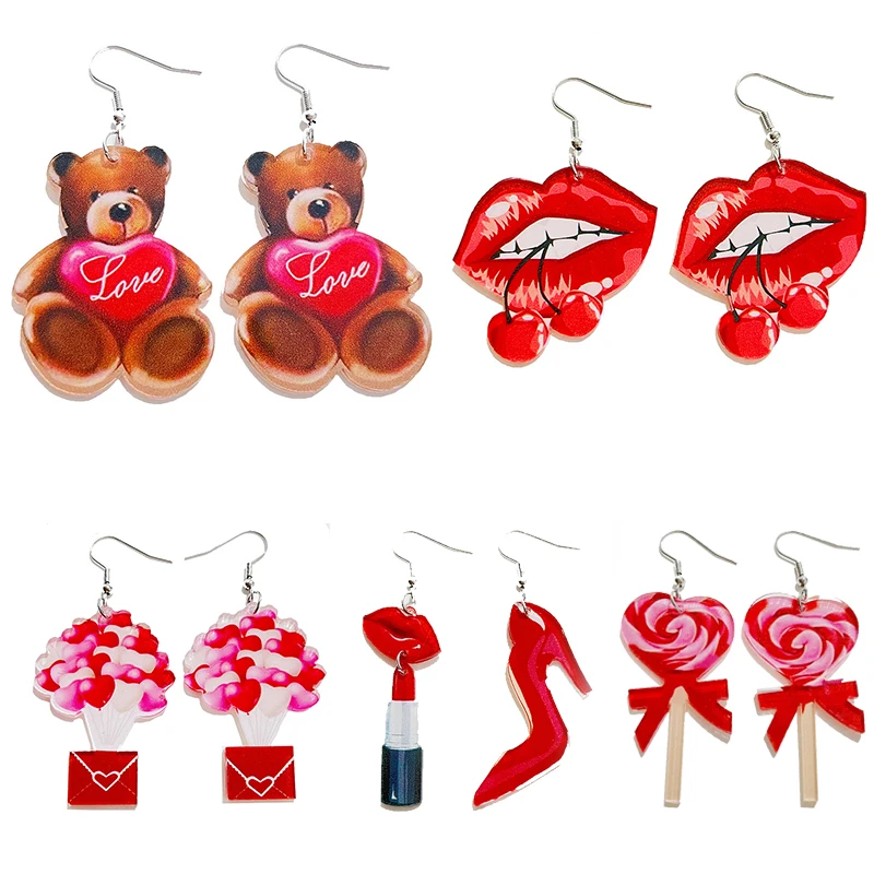 

Acrylic Funny Bear Earrings Pink Balloon Envelope Lipstick Red Lip Bite Cherry Earring Ladybug Tape Valentine's Day Jewelry Gift