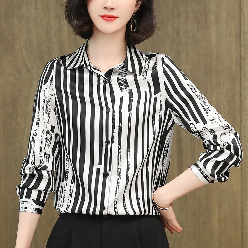 

Office Lady Striped Shirt Women's Real Silk Satin Blouse Elegant Turn-down Collar Long Sleeve Blouses Woman Casual Shirts Tops