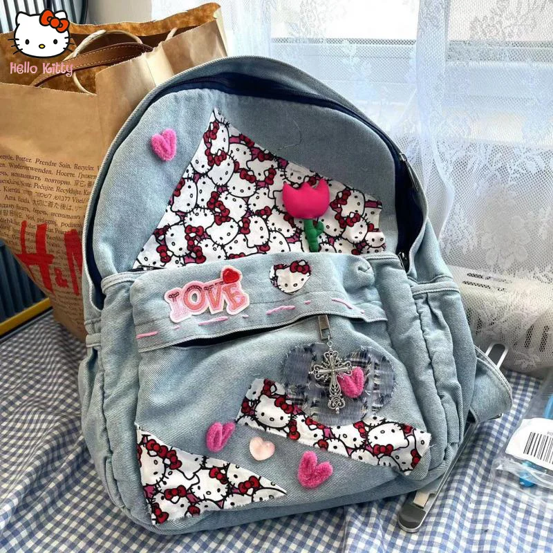 

Sanrio Hello Kitty Backpack Girl Kawaii Denim Sweet All-Match Cartoon Millennial Style Fashion Stitching Schoolbag Girl Gift